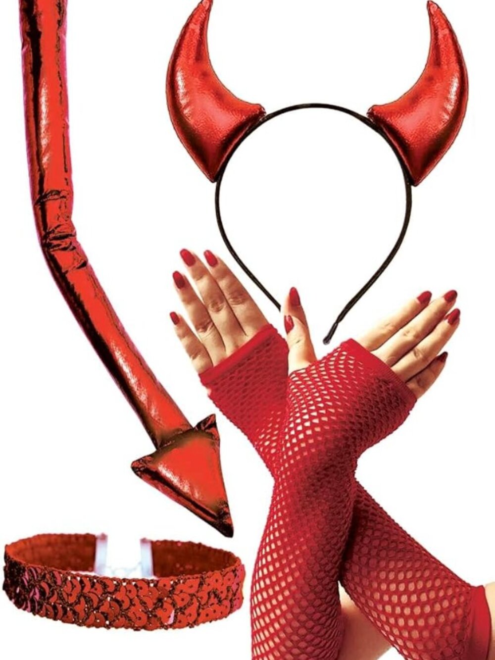 Devil Costume Accessories Women Red Devil Horns Demon Tail Halloween Diablo